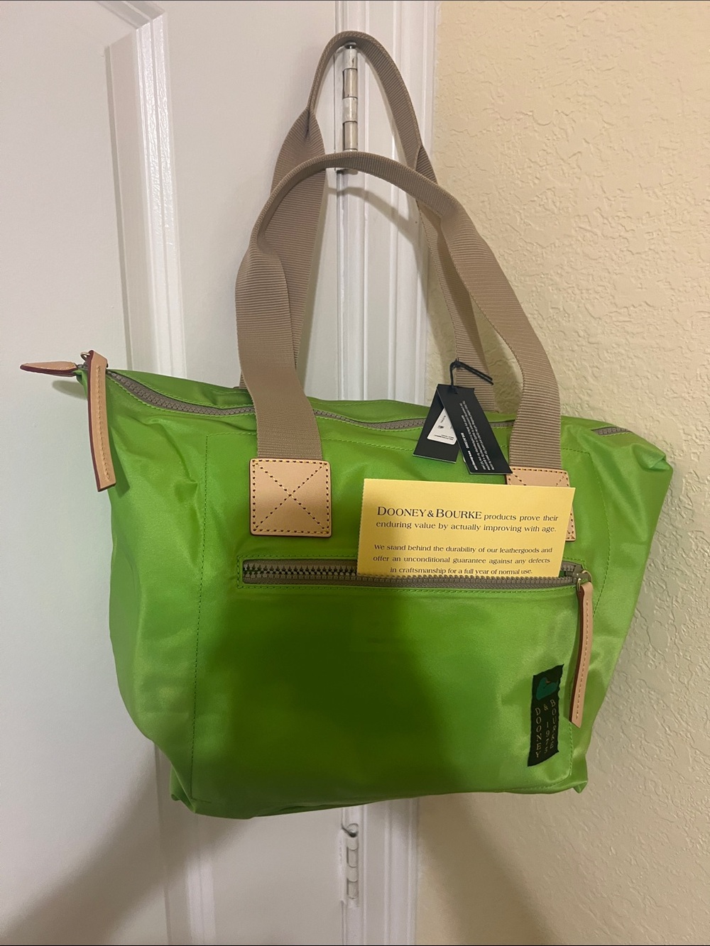 Dooney & Bourke Bright Green Tote with Tan Handles